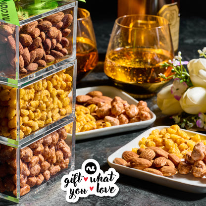 Mixed Nuts Acrylic Tower Gift Basket with Ribbon (3 Tier Assortment) Food Arrangement, Kosher