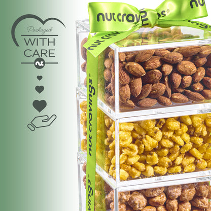 Mixed Nuts Acrylic Tower Gift Basket with Ribbon (3 Tier Assortment) Food Arrangement, Kosher