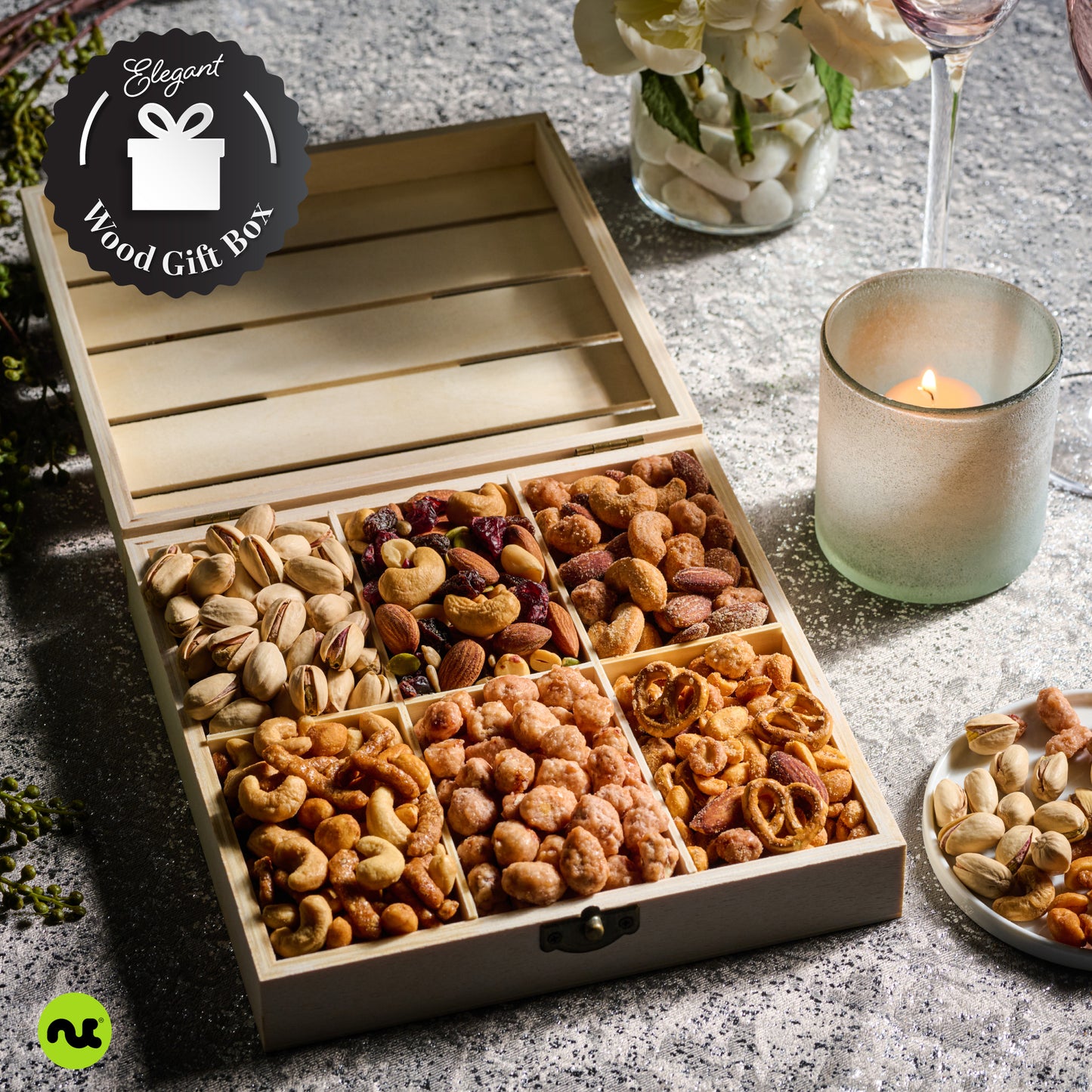 Mixed Nuts Gift Basket in Reusable Wooden Crate (12 Assortments)