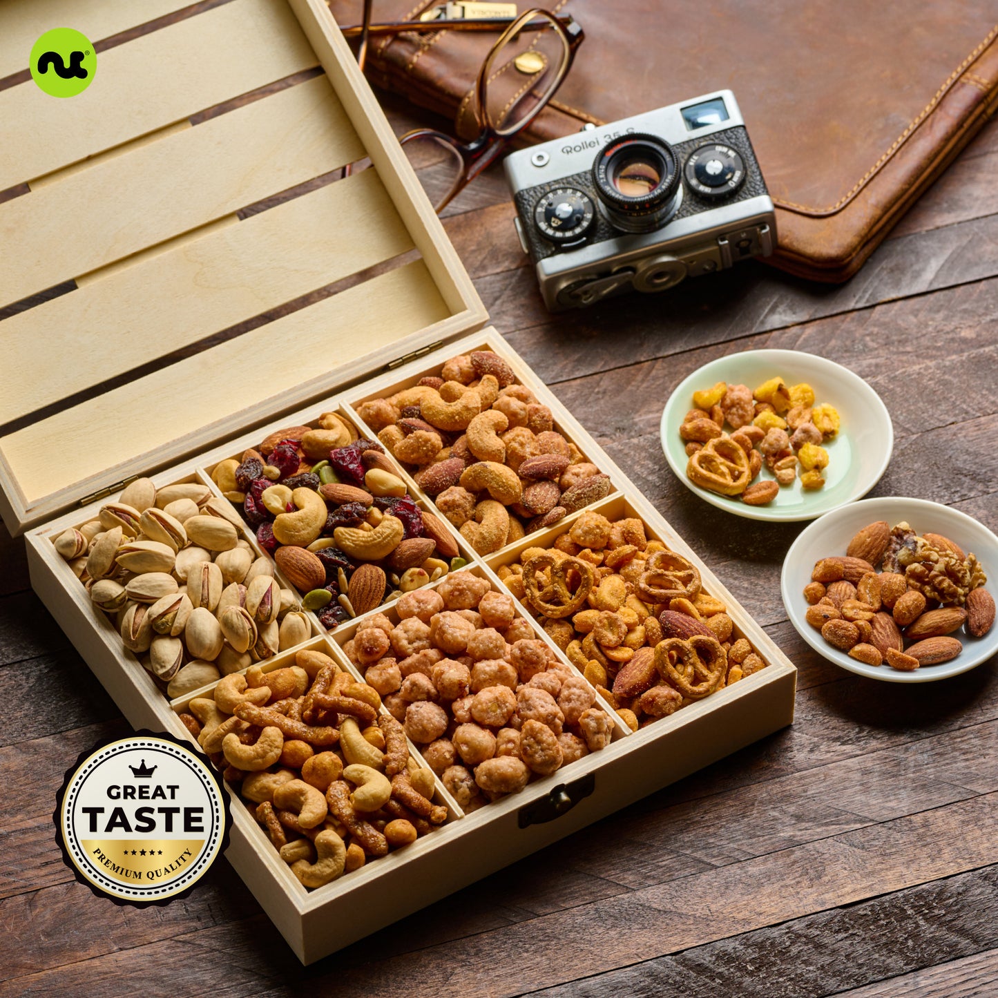 Mixed Nuts Gift Basket in Reusable Wooden Crate (12 Assortments)