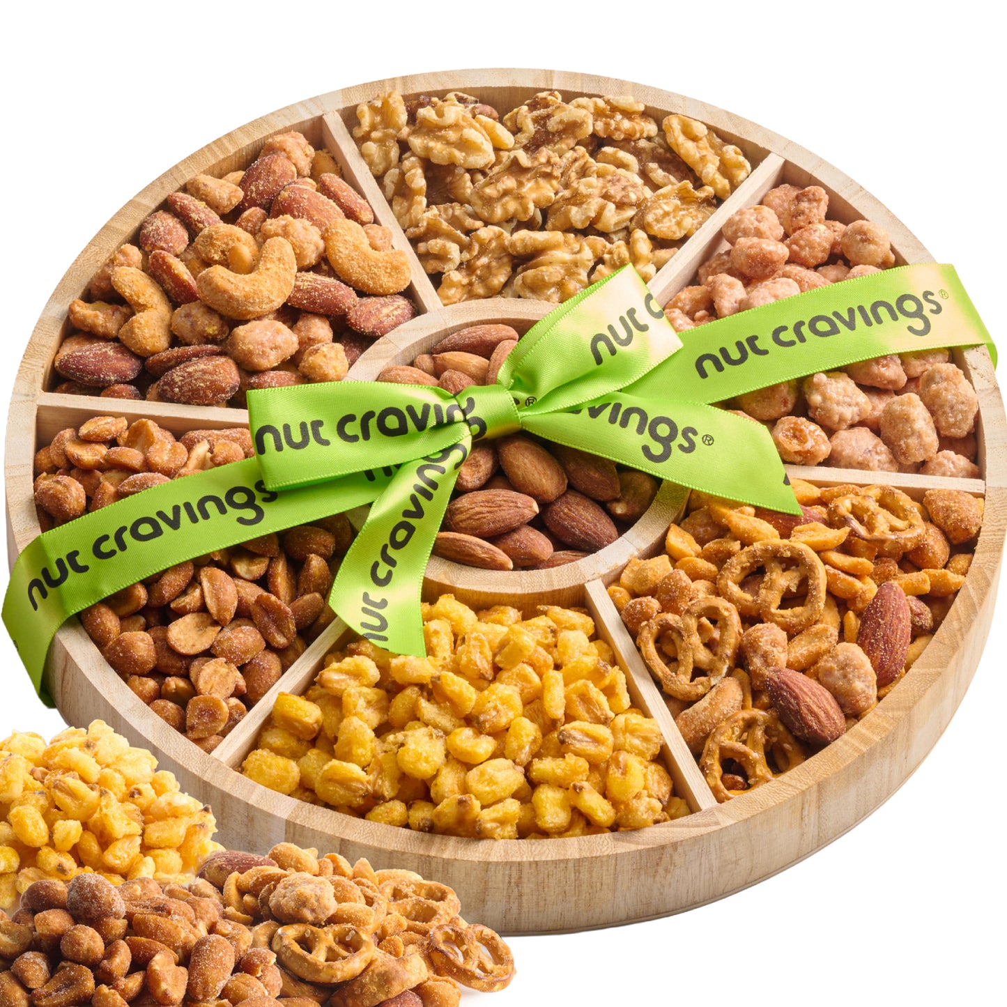 Mixed Nuts Gift Basket in Reusable Round Wooden Tray + Green Ribbon (7 Assortments)