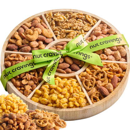 Mixed Nuts Gift Basket in Reusable Round Wooden Tray + Green Ribbon (7 Assortments)