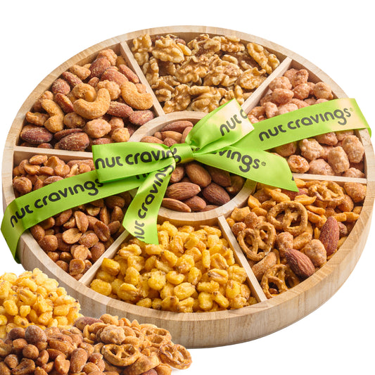 Mixed Nuts Gift Basket in Reusable Round Wooden Tray + Green Ribbon (7 Assortments)