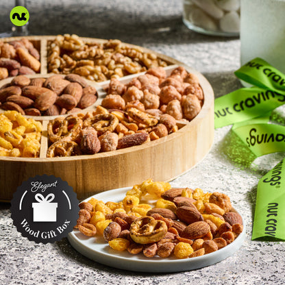 Mixed Nuts Gift Basket in Reusable Round Wooden Tray + Green Ribbon (7 Assortments)