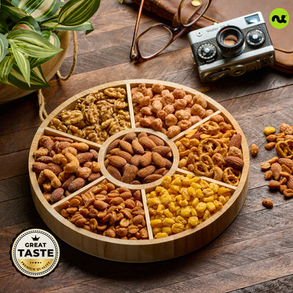 Mixed Nuts Gift Basket in Reusable Round Wooden Tray + Green Ribbon (7 Assortments)
