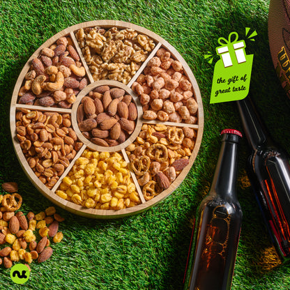 Mixed Nuts Gift Basket in Reusable Round Wooden Tray + Green Ribbon (7 Assortments)
