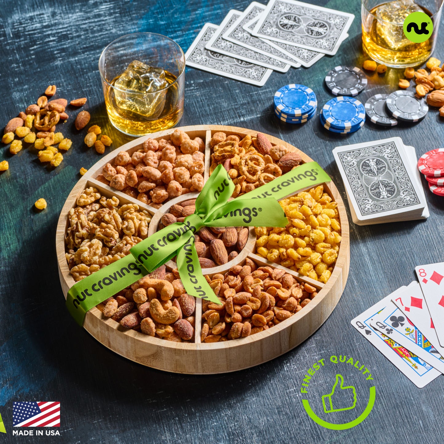 Mixed Nuts Gift Basket in Reusable Round Wooden Tray + Green Ribbon (7 Assortments)