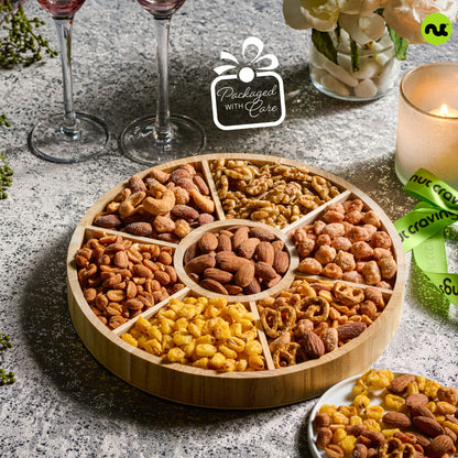 Mixed Nuts Gift Basket in Reusable Round Wooden Tray + Green Ribbon (7 Assortments)