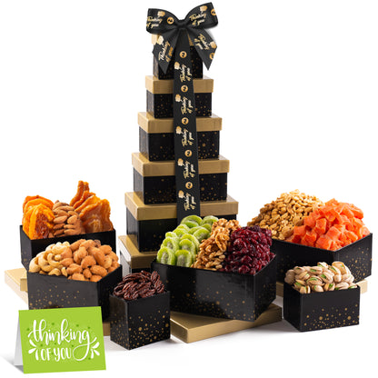 Thinking of You , Nuts & Dried Fruits Tower Gift Basket, with TY Ribbon + Greeting Card (12 Assortments)