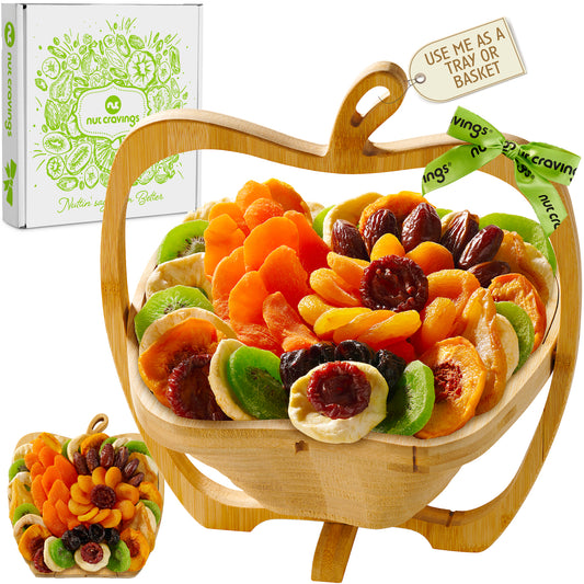 NUT CRAVINGS - Dried Fruit Flower Bouquet Arrangement in Wooden Apple-Shaped Gift Basket + Tray (9 Assortment) Ramadan Gifts Healthy Snack Care Package