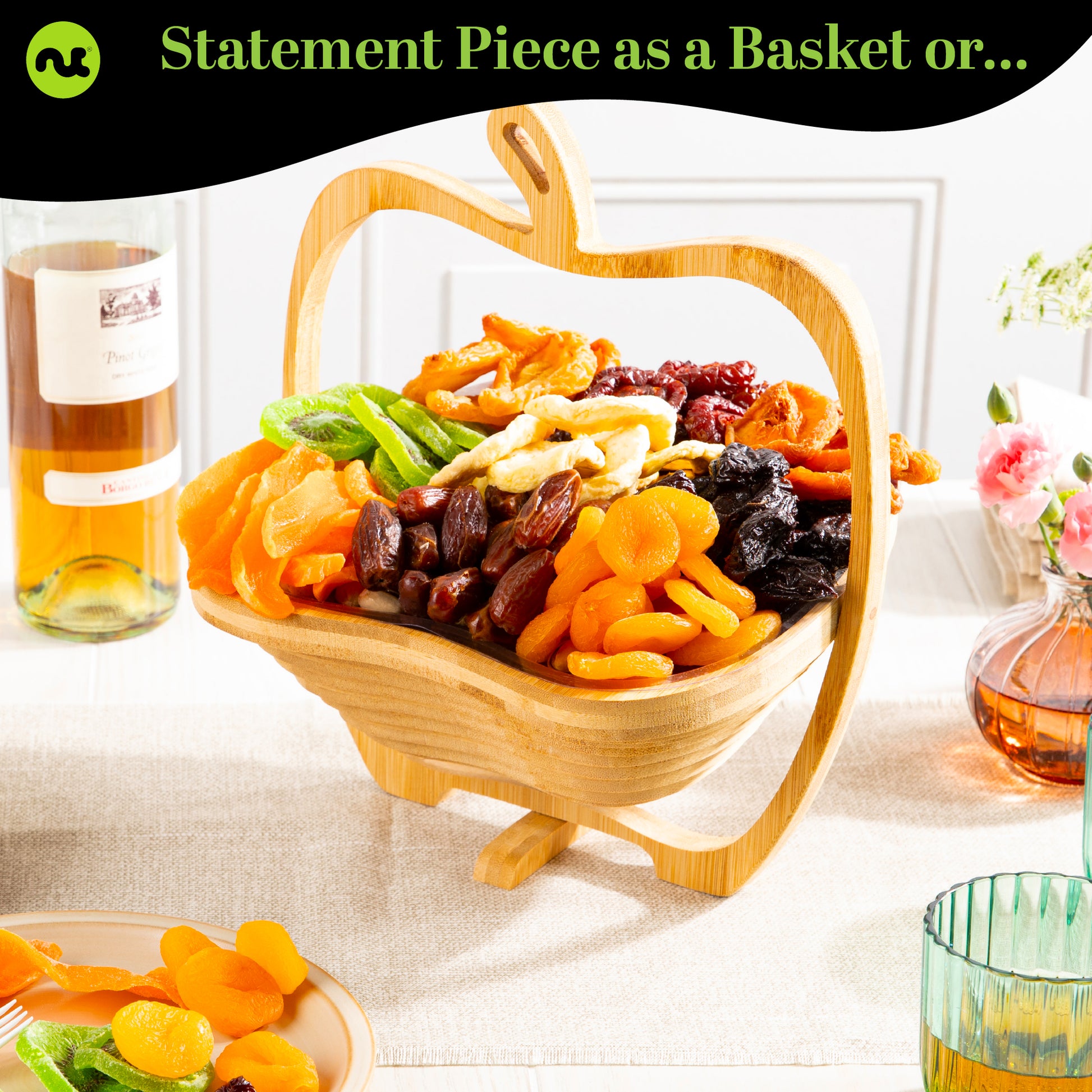 Dried Fruit Flower Bouquet Arrangement in Wooden Apple-Shaped Gift Basket + Tray (9 Assortment) Healthy Snack… — view 4