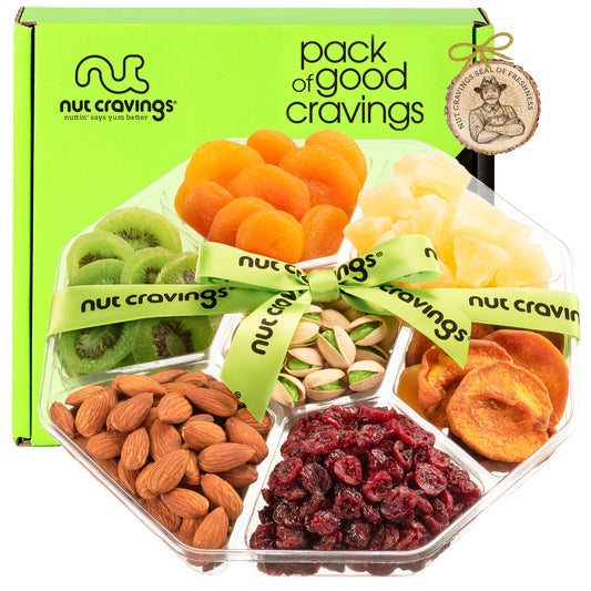 NUT CRAVINGS - Dried Fruit & Mixed Nuts Gift Basket + Green Ribbon (7 Assortments, 1 LB) Ramadan Gifts Food Arrangement, Healthy Snack Care Package,