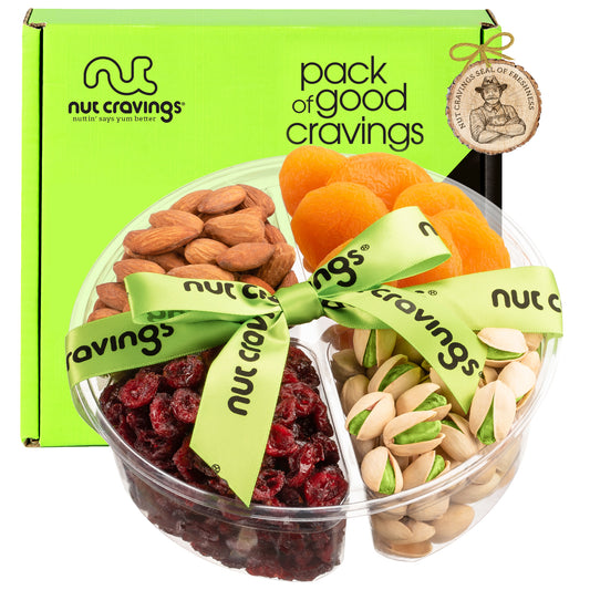 NUT CRAVINGS - Dried Fruit & Mixed Nuts Gift Basket + Green Ribbon (4 Assortments) Ramadan Gifts Food Arrangement, Healthy Snack Care Package,