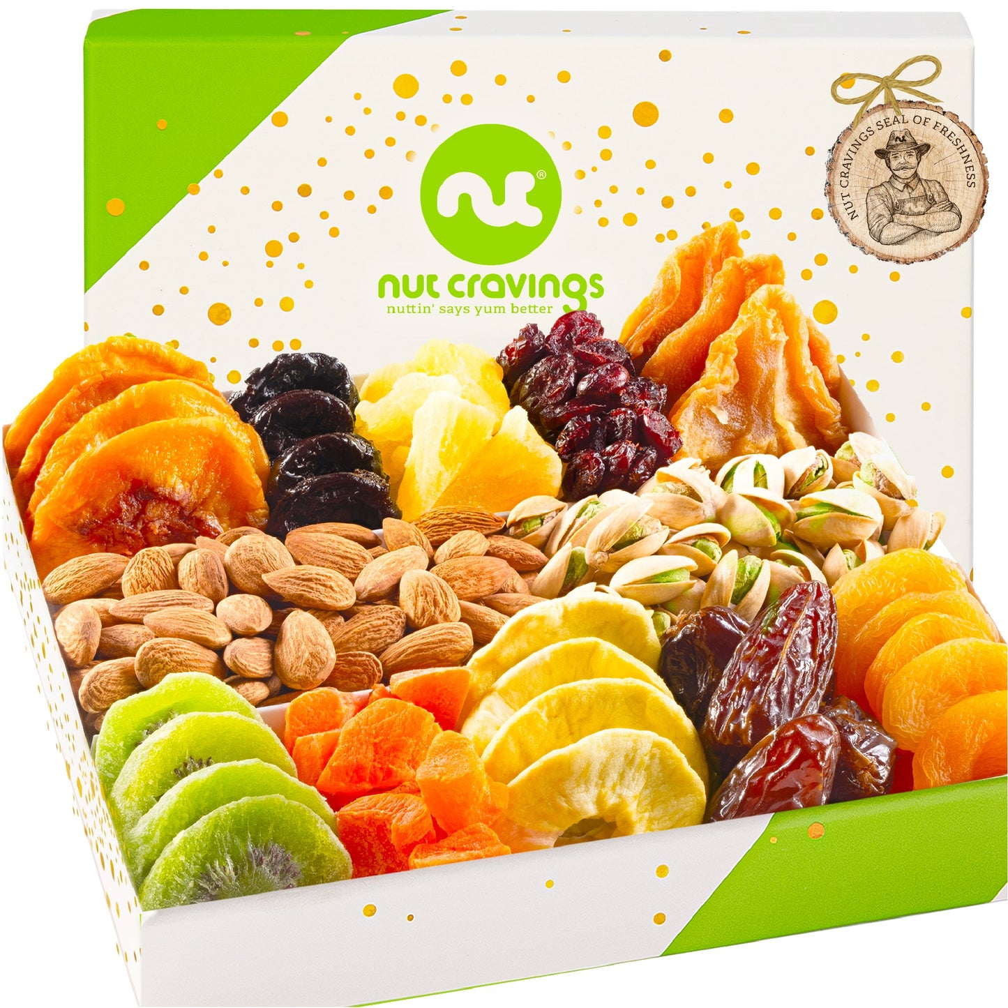 NUT CRAVINGS - Dried Fruit & Mixed Nuts Gift Basket in White Gold Box (12 Assortments) Ramadan Gifts Food Arrangement, Healthy Snack Care Package,