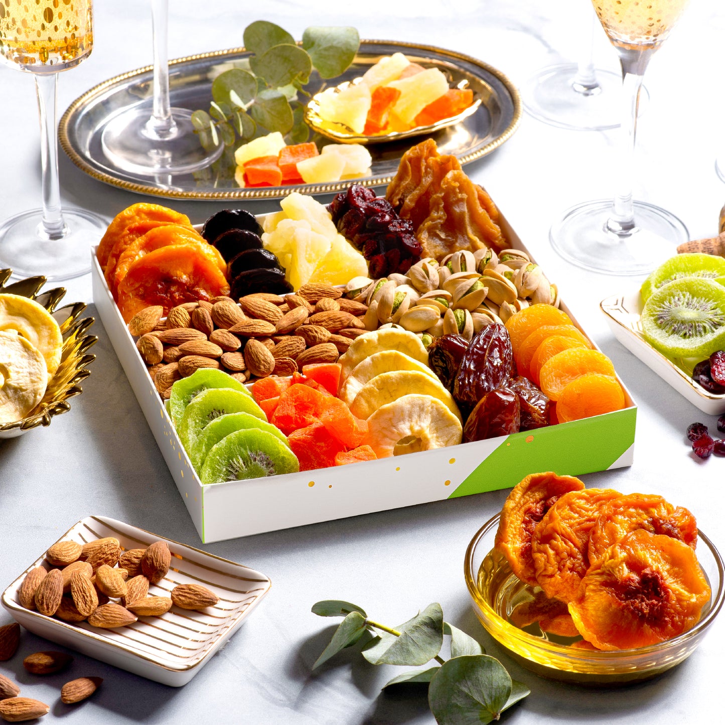 Dried Fruit & Mixed Nuts Gift Basket in White Gold Box (12 Assortments) Food Arrangement, Healthy Snack Care… — view 2