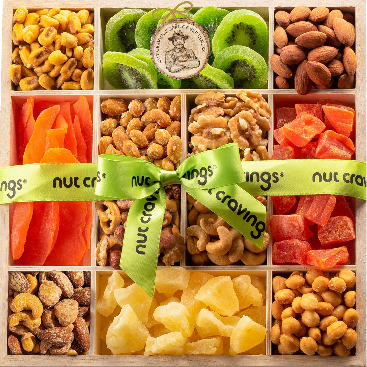 Dried Fruit & Mixed Nuts Gift Basket in Reusable Wooden Tray + Ribbon (12 Assortments) Food Arrangement,…