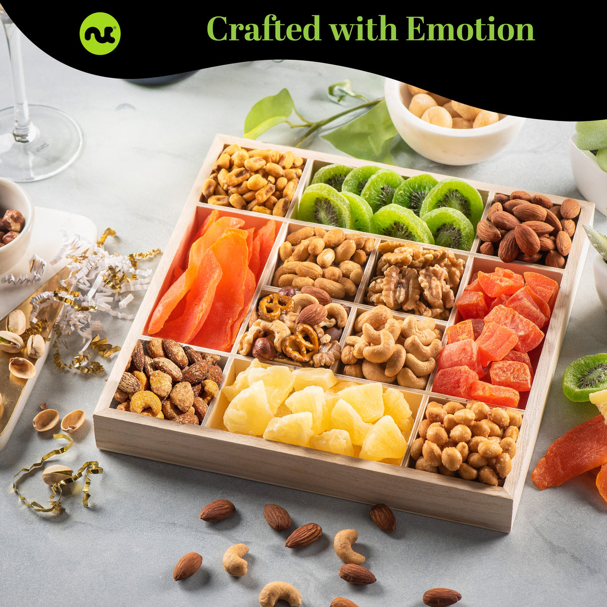 Dried Fruit & Mixed Nuts Gift Basket in Reusable Wooden Tray + Ribbon (12 Assortments) Food Arrangement,… — view 2