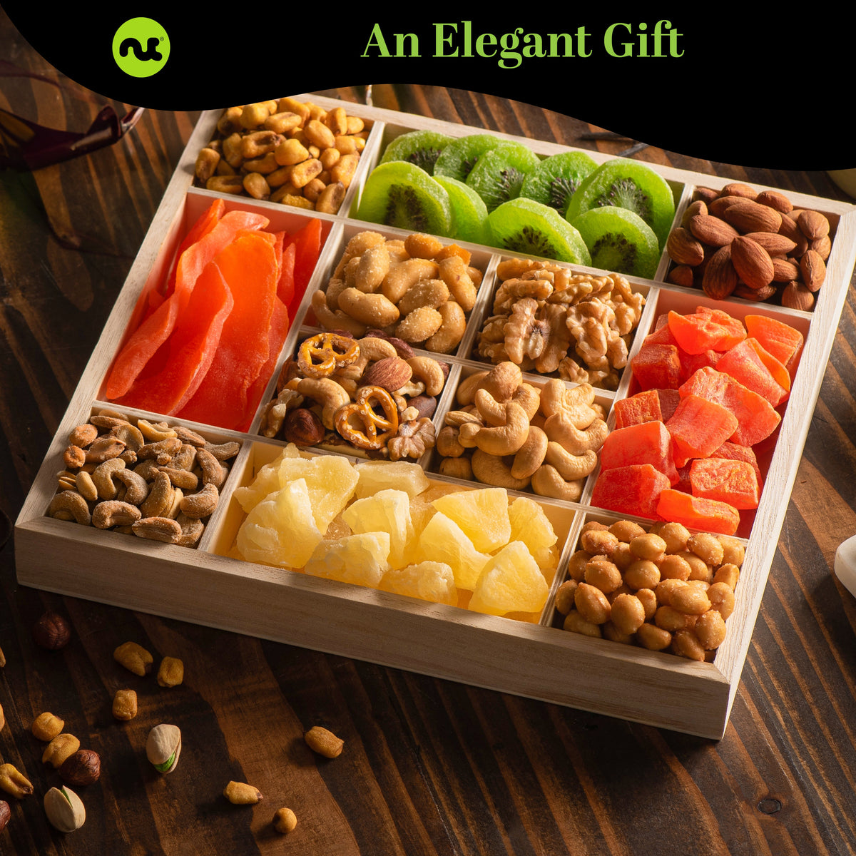 Dried Fruit & Mixed Nuts Gift Basket in Reusable Wooden Tray + Ribbon (12 Assortments) Food Arrangement,… — view 3