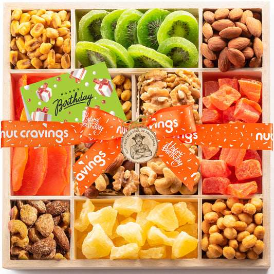 NUT CRAVINGS Gourmet Collection - Happy Birthday Treats, Dried Fruit & Mixed Nuts Gift Basket with Bday Ribbon in Reusable Wooden Tray (12 Assortments) Food Arrangement, Healthy Snack Food Assortments