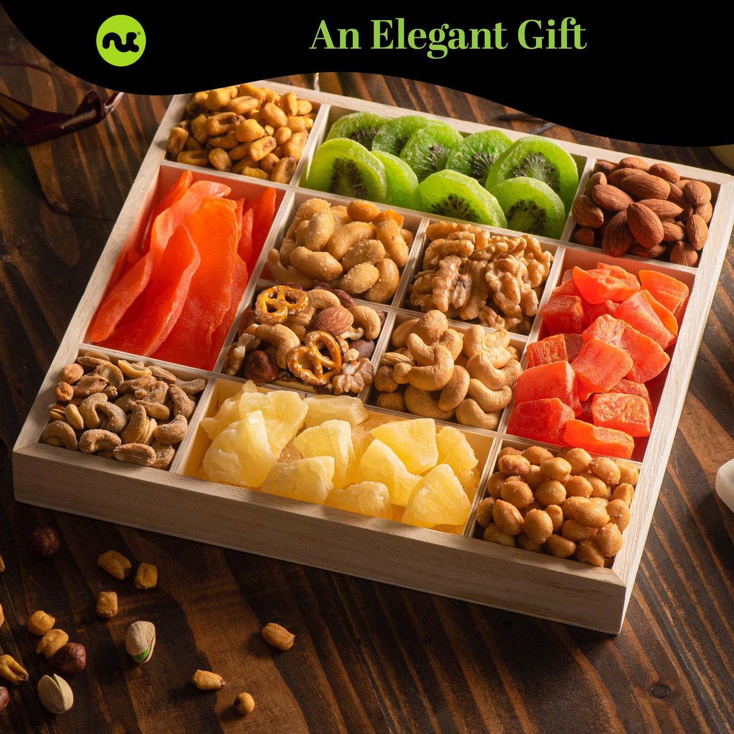 Happy Birthday Treats, Dried Fruit & Mixed Nuts Gift Basket with Bday Ribbon in Reusable Wooden Tray (12… — view 3