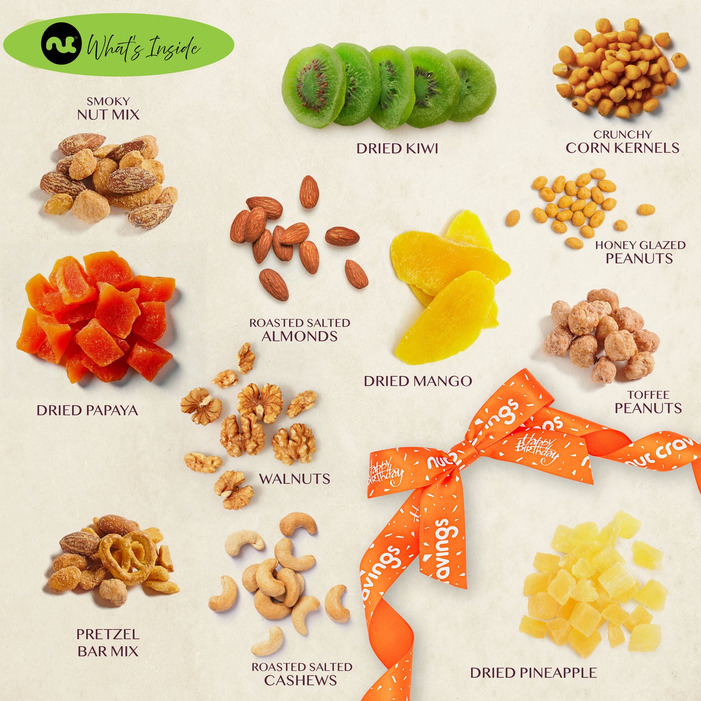 Happy Birthday Treats, Dried Fruit & Mixed Nuts Gift Basket with Bday Ribbon in Reusable Wooden Tray (12… — view 5