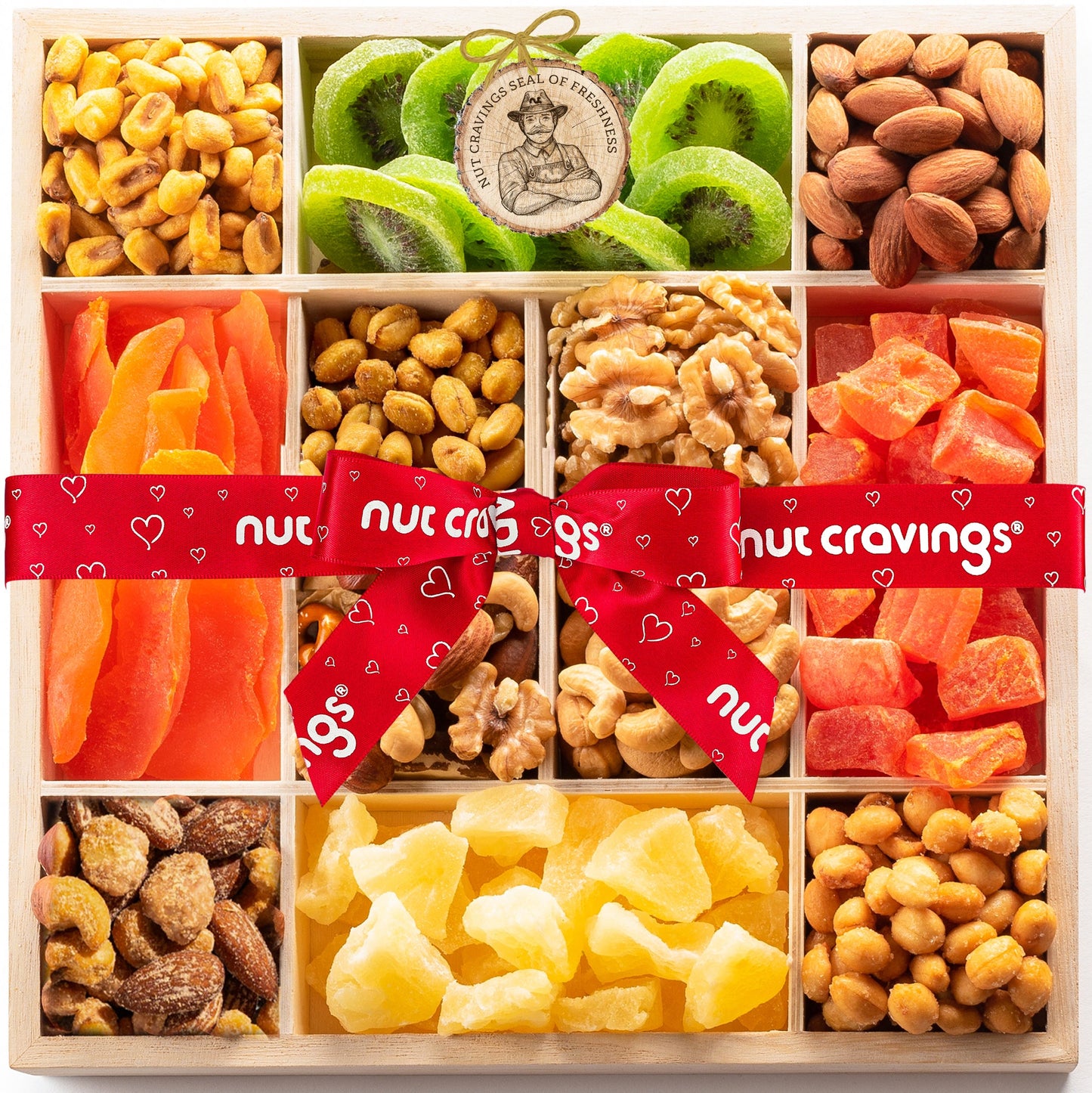 NUT CRAVINGS - Easter Dried Fruit & Mixed Nuts Gift Basket in Reusable Wooden Tray + Ribbon (12 Assortments) Ramadan Gifts Food Arrangement, Healthy Snack Care Package, Kosher