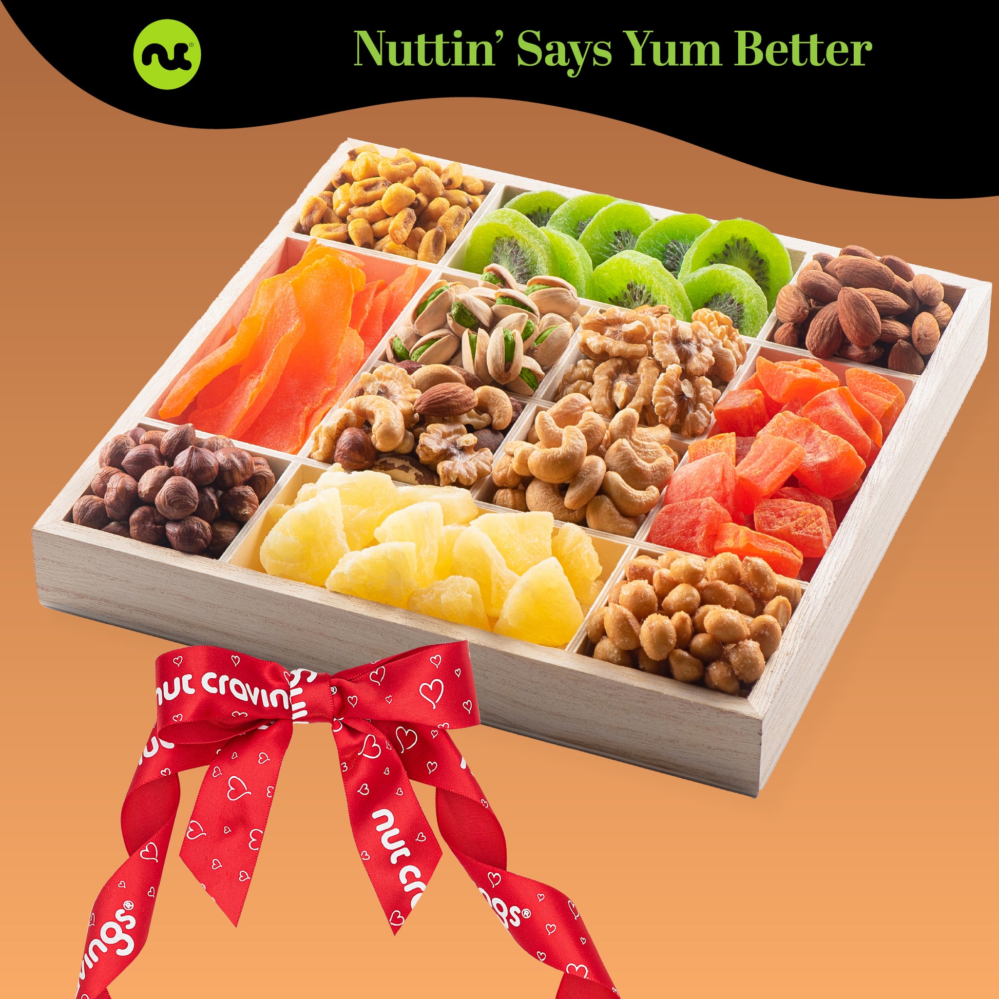 Dried Fruit & Mixed Nuts Gift Basket in Reusable Wooden Tray + Ribbon (12 Assortments) Food Arrangement,… — view 4