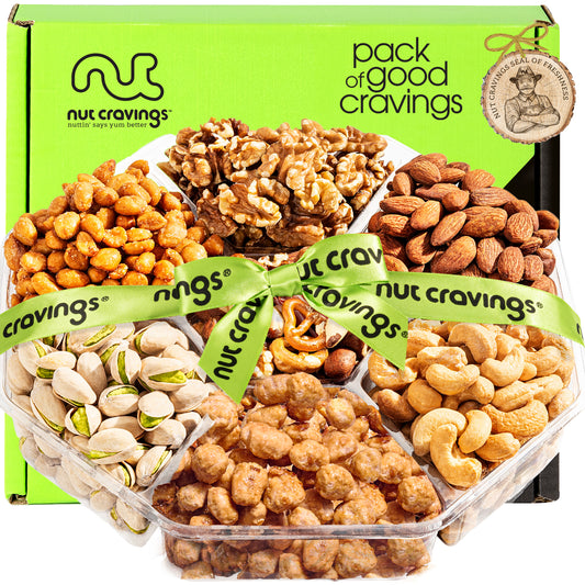 Mixed Nuts Gift Basket + Green Ribbon (7 Assortments, 1 LB) Treats for Adults, Food Arrangement, Healthy…