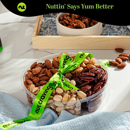 NUT CRAVINGS - Easter Mixed Nuts Gift Basket + Green Ribbon (4 Assortments) Ramadan Gifts Treats for Adults, Food Arrangement, Healthy Snack Care Package, Kosher