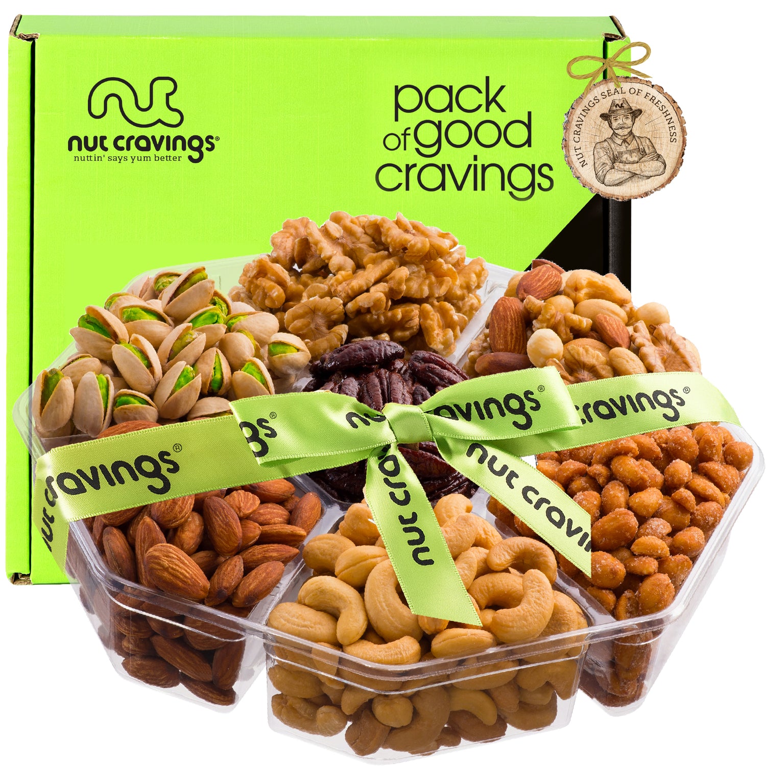 Mixed Nuts Gift Basket + Green Ribbon (7 Assortments, 2.2 LB) Treats for Adults, Food Arrangement, Healthy…