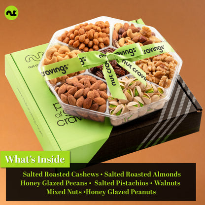 NUT CRAVINGS - Easter Mixed Nuts Gift Basket + Green Ribbon (7 Assortments, 2.2 LB) Ramadan Gifts Treats for Adults, Food Arrangement, Healthy Snack Care Package, Kosher