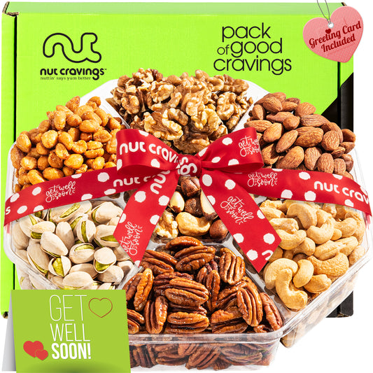 NUT CRAVINGS - Get Well Soon, Mixed Nuts Gift Basket with Get Well Soon Ribbon (7 Assortments) Food Platter, Healthy Snack Care Package, Food Assortments