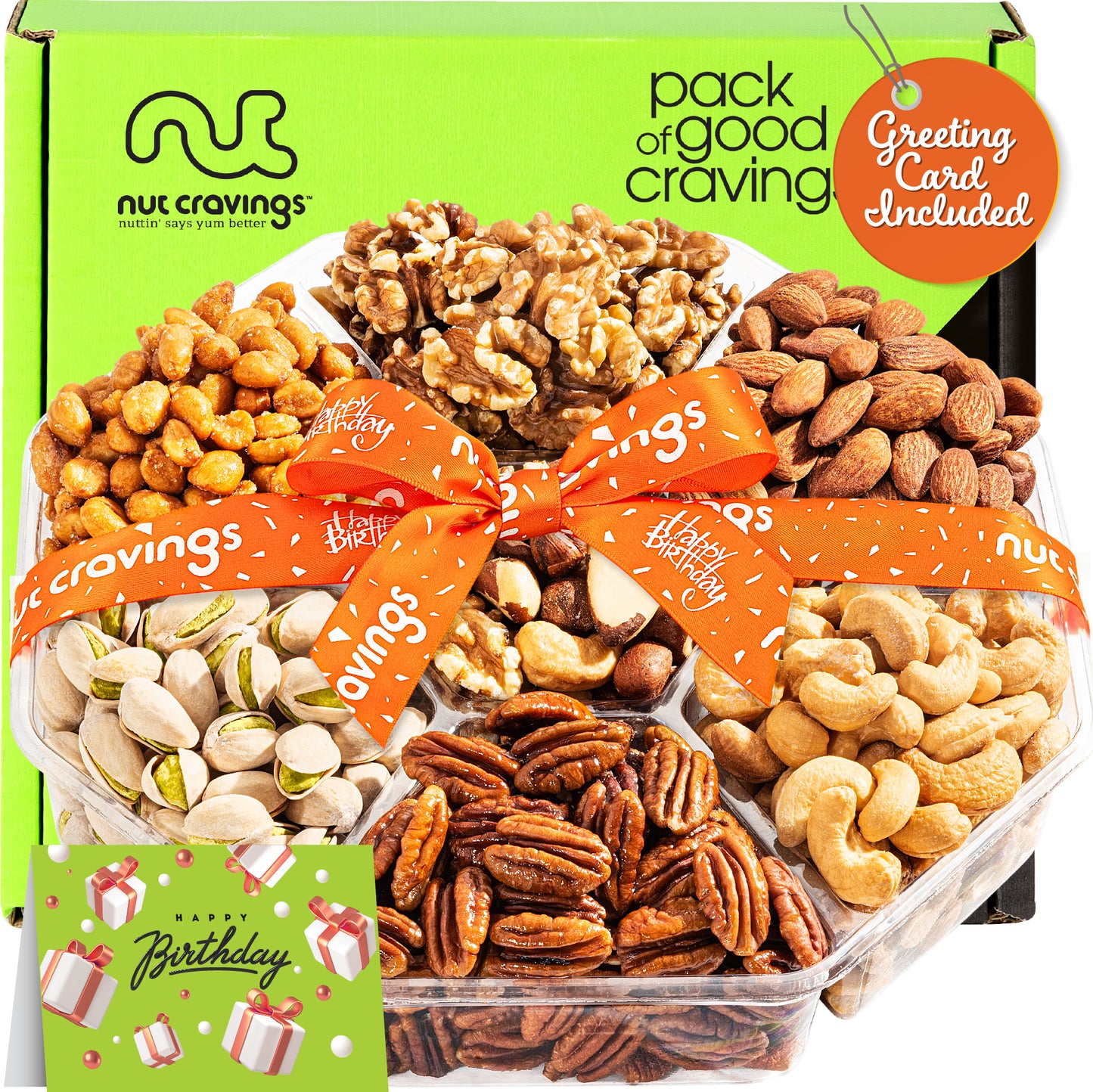 Happy Birthday Treats, Mixed Nuts Gift Basket with Bday Ribbon (7 Assortments) Food Platter, Healthy Snack…