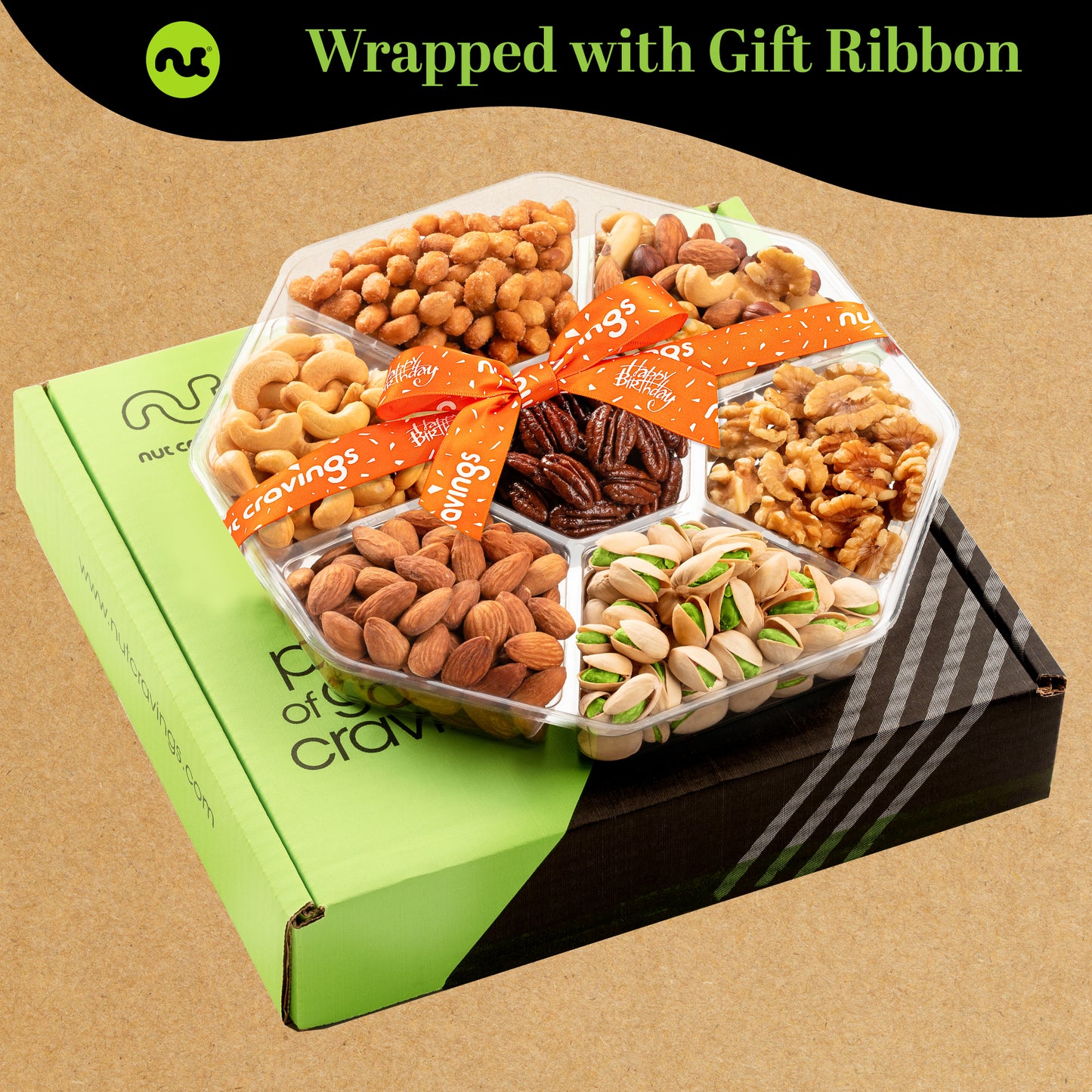 Happy Birthday Treats, Mixed Nuts Gift Basket with Bday Ribbon (7 Assortments) Food Platter, Healthy Snack… — view 3
