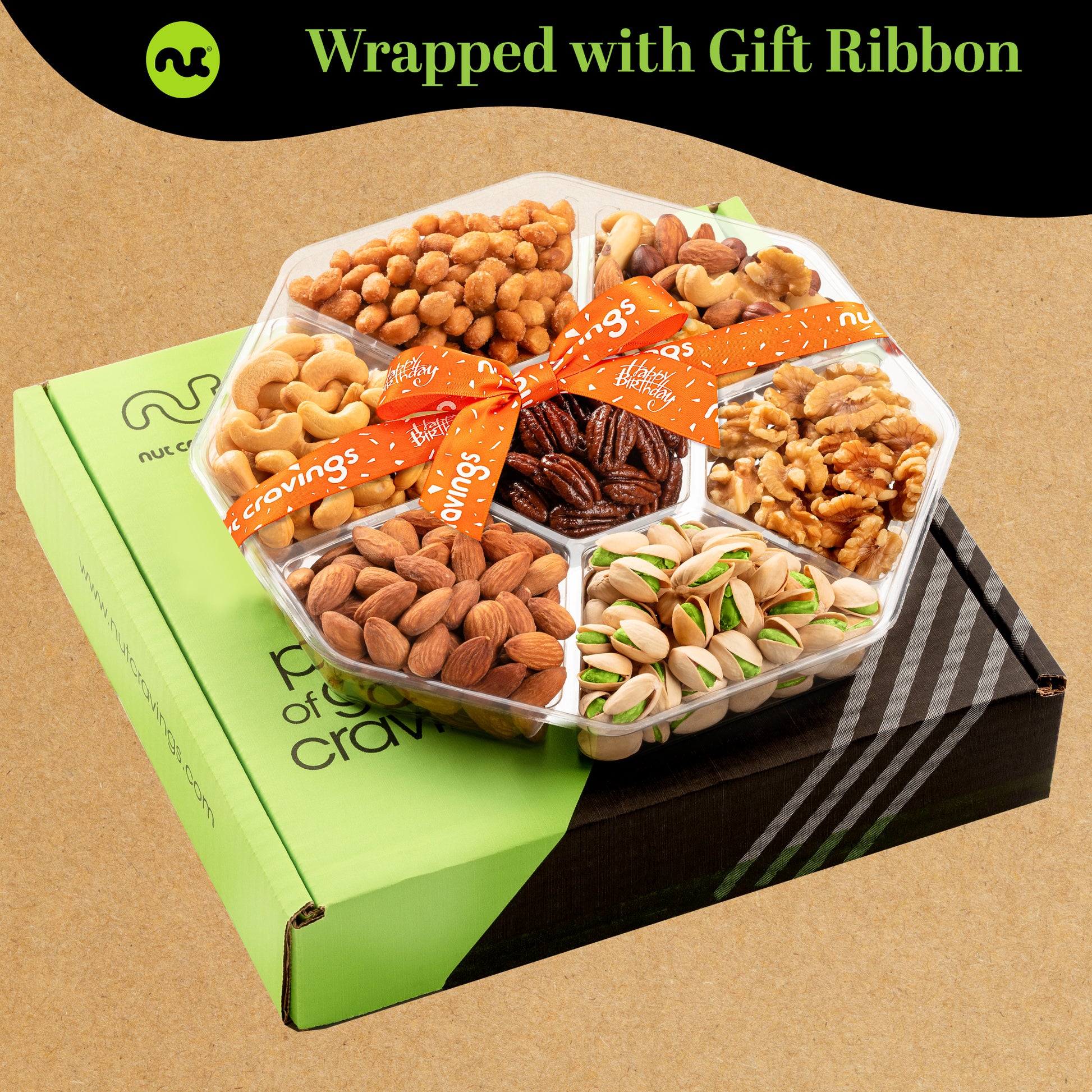 Happy Birthday Treats, Mixed Nuts Gift Basket with Bday Ribbon (7 Assortments) Food Platter, Healthy Snack… — view 3