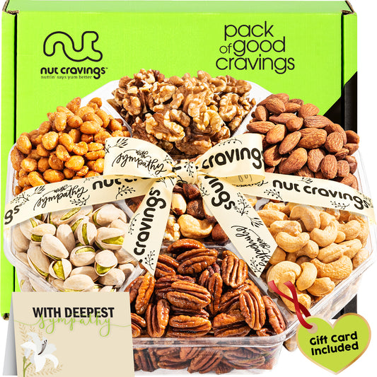 Condolence, Mixed Nuts Gift Basket with Ribbon + Greeting Card (7 Assortments) Food Platter, Healthy Snack…