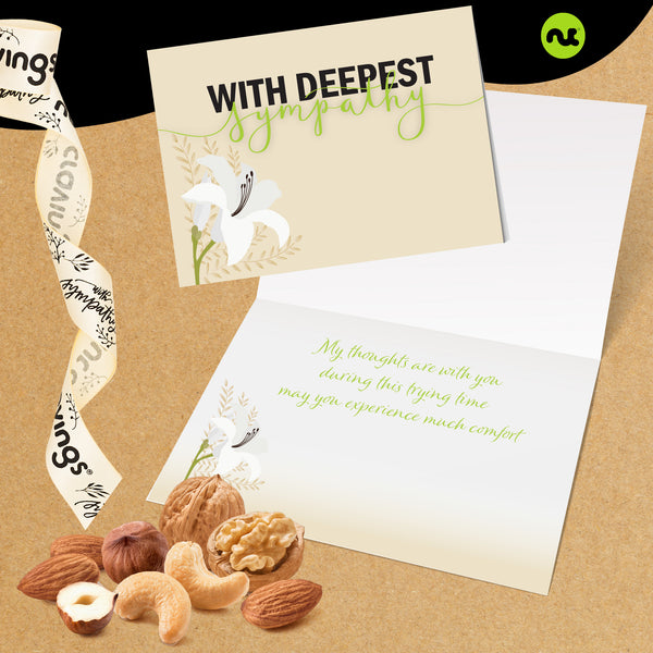Condolence, Mixed Nuts Gift Basket with Ribbon + Greeting Card (7 Asso ...