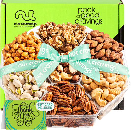 NUT CRAVINGS - Thank You Appreciation, Mixed Nuts Gift Basket with Thank You Ribbon + Greeting Card (7 Assortments) Food Platter, Healthy Snack Care Package, Food Assortments