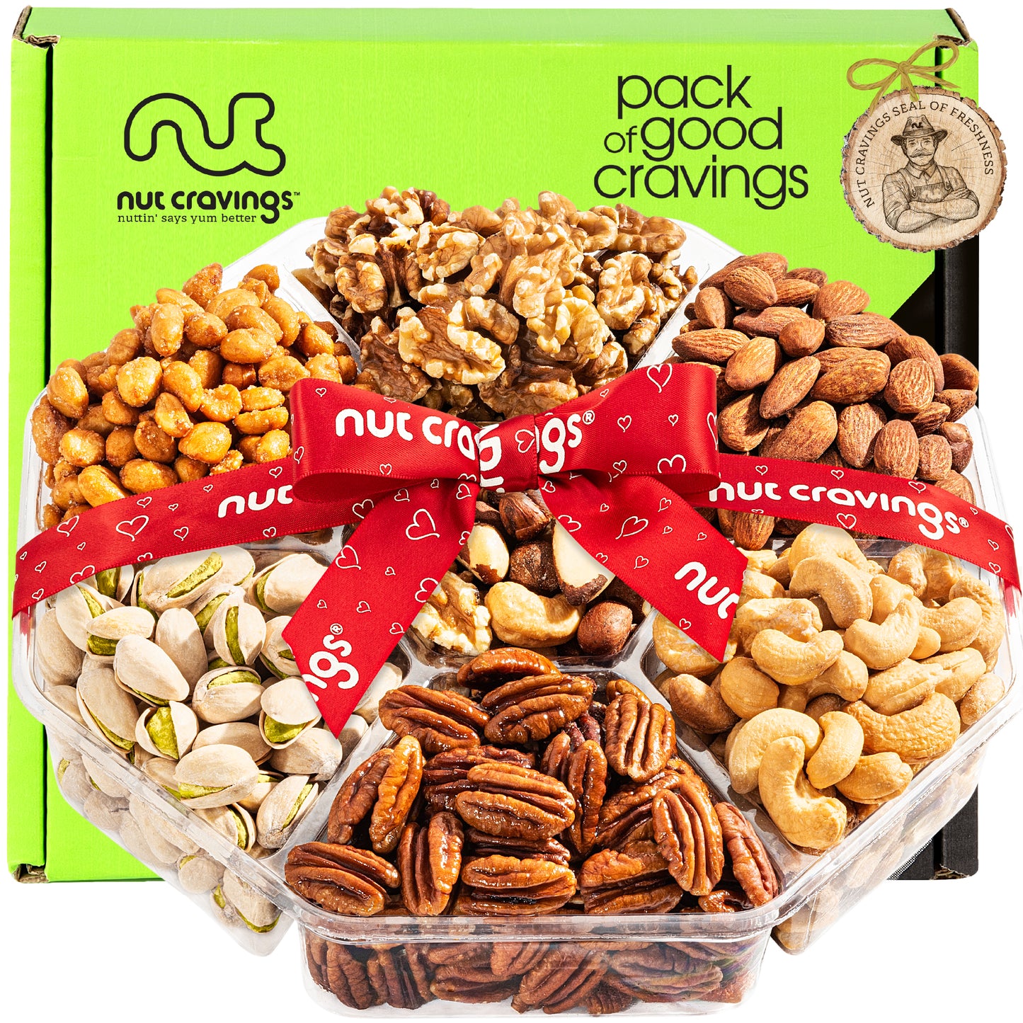 Mixed Nuts Gift Basket + Heart Ribbon (7 Assortments) Treats for Adults, Food Arrangement, Healthy Snack Care…