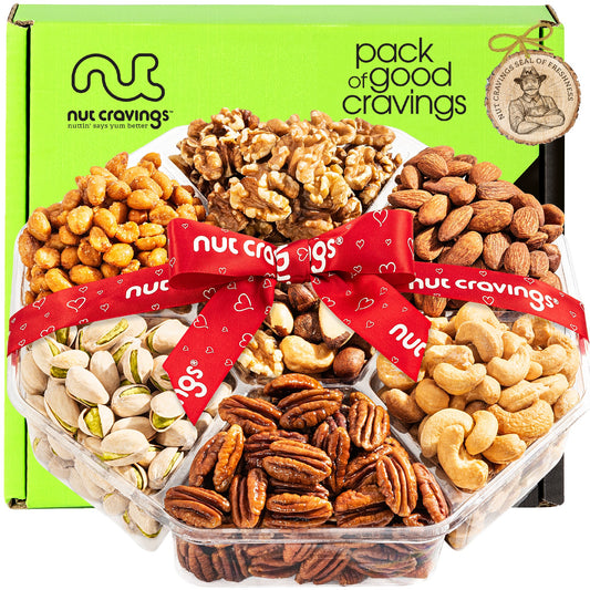 Mixed Nuts Gift Basket + Heart Ribbon (7 Assortments) Treats for Adults, Food Arrangement, Healthy Snack Care…