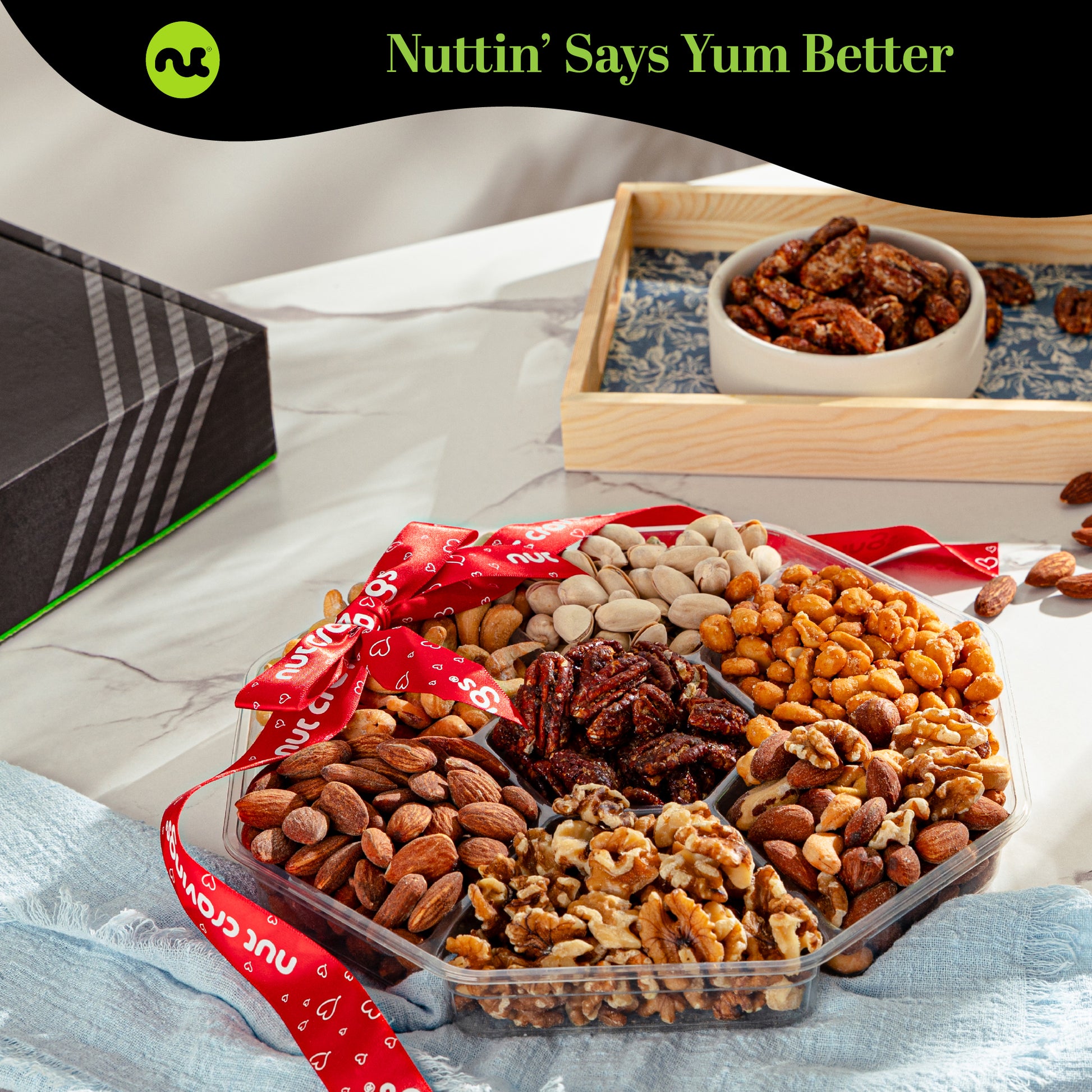 Mixed Nuts Gift Basket + Heart Ribbon (7 Assortments) Treats for Adults, Food Arrangement, Healthy Snack Care… — view 2