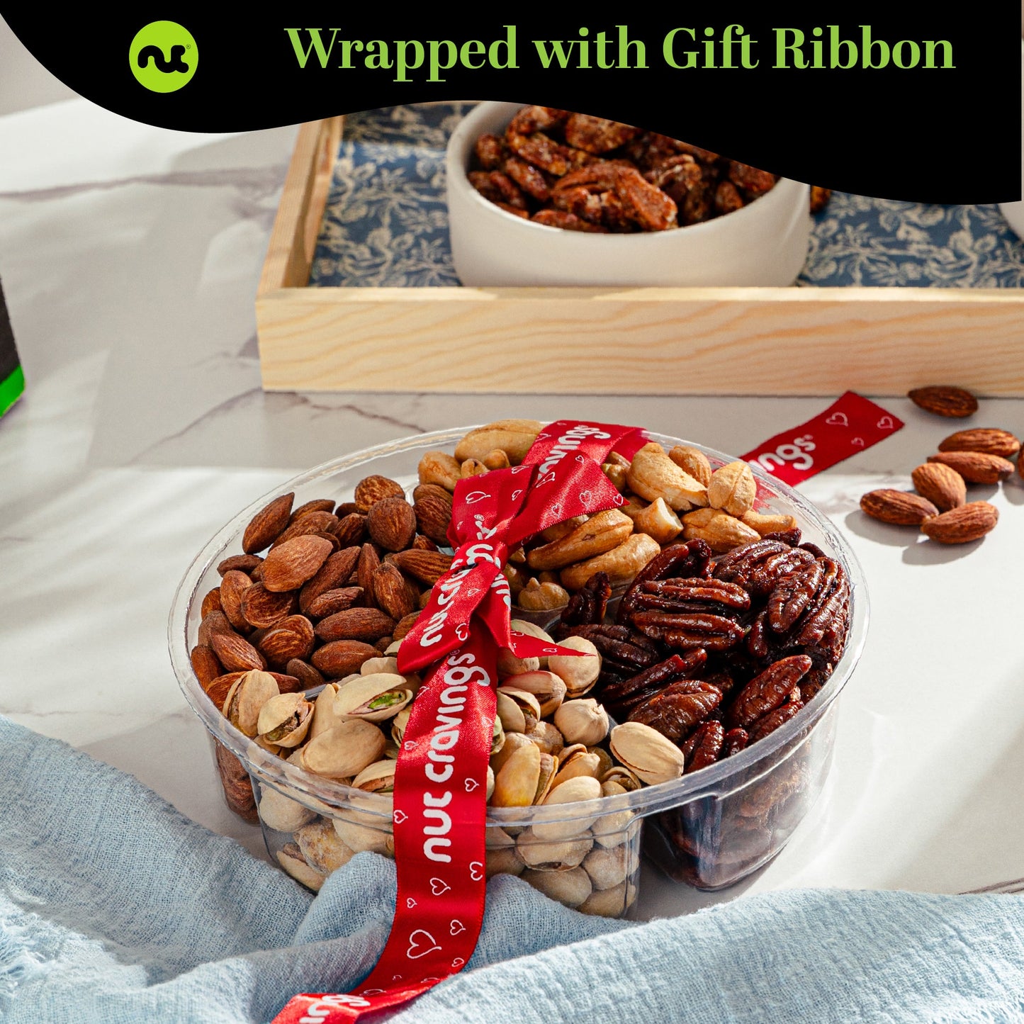 Mixed Nuts Gift Basket + Heart Ribbon (4 Assortments) Treats for Adults, Food Arrangement, Healthy Snack Care…