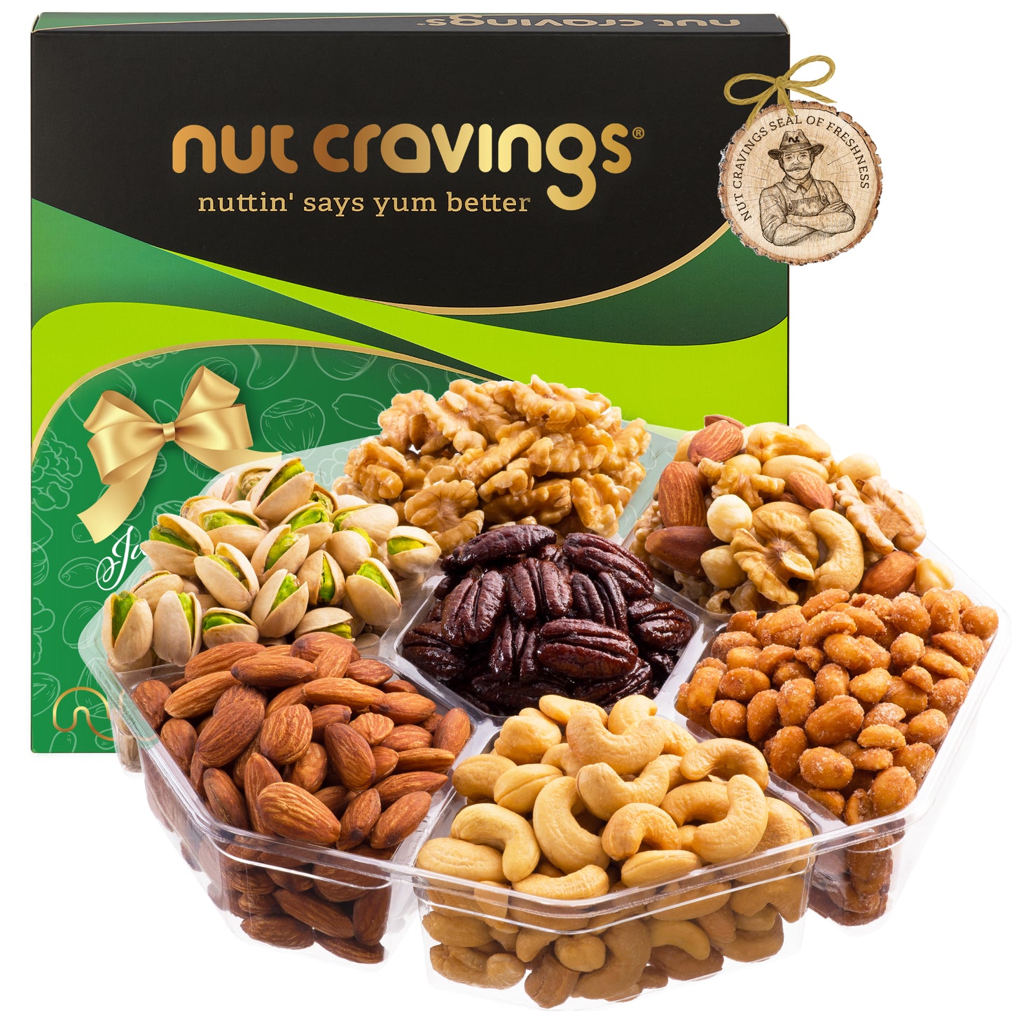 Mixed Nuts Gift Basket in Green Gold Box (7 Assortments, 2 LB) Treats for Adults, Food Arrangement, Healthy…