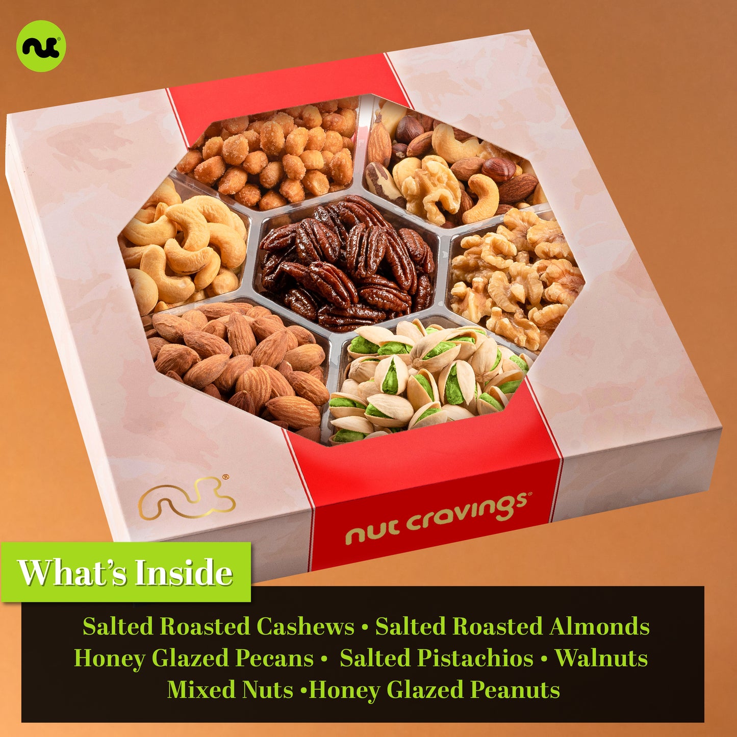 Mixed Nuts Gift Basket in Red Gold Box (7 Assortments, 1 LB) Treats for Adults, Food Arrangement, Healthy… — view 5