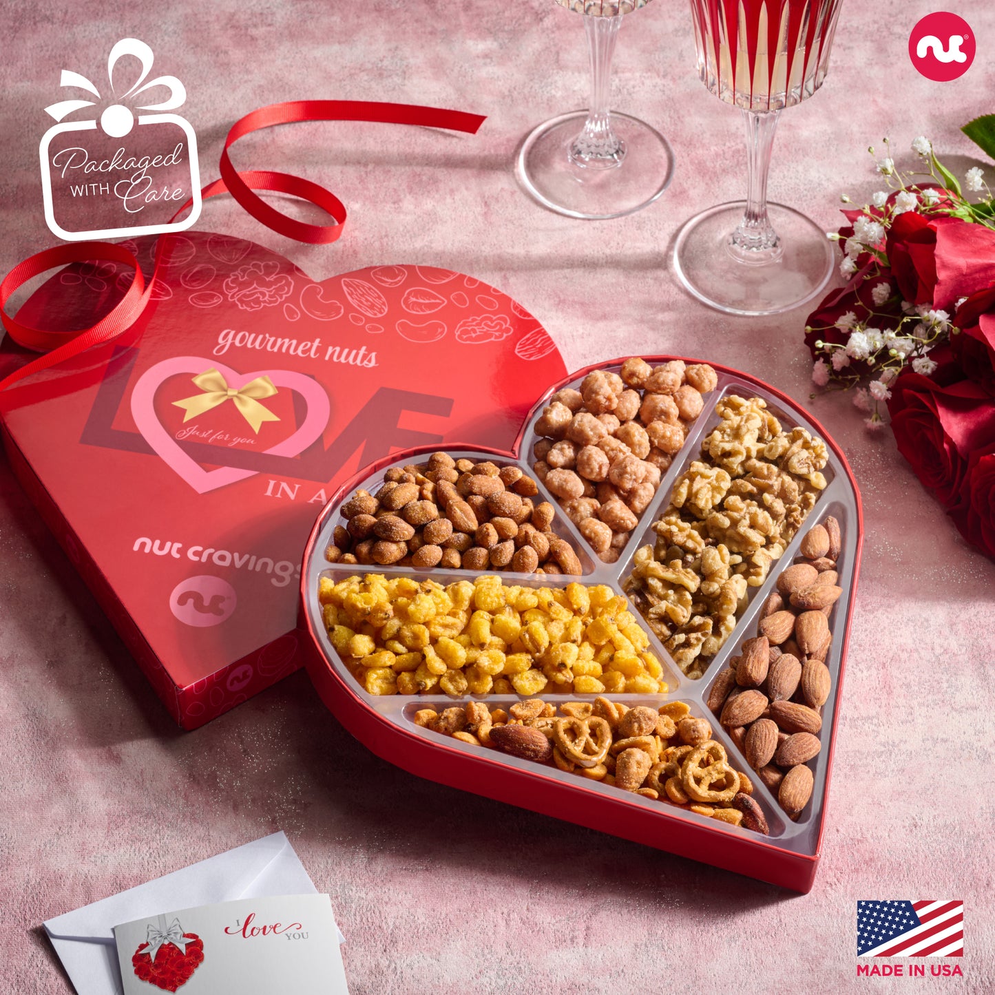 Mixed Nuts Heart Shaped Gift Basket, Love in A Box (6 Assortments) Romantic Food Arrangement, Healthy Snack… — view 4