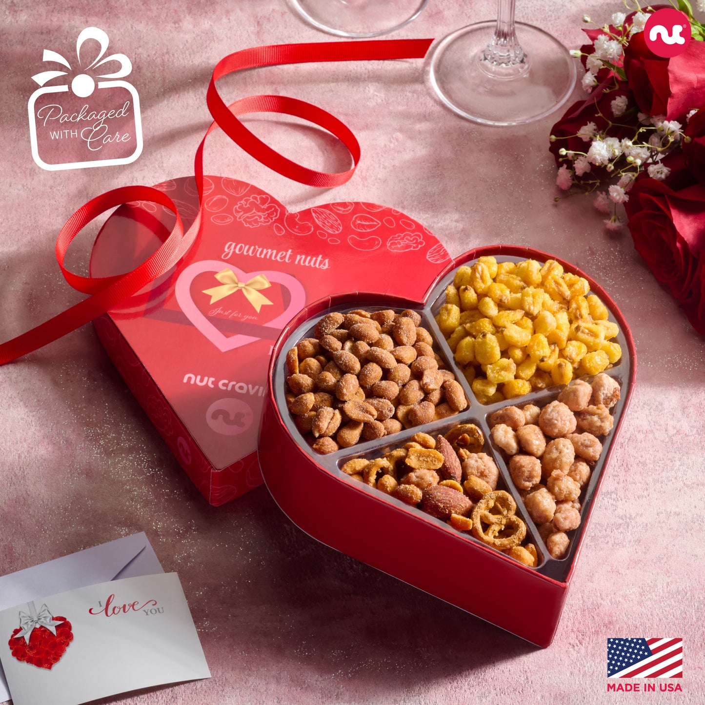 Mixed Nuts Heart Shaped Gift Basket, Love in A Box (4 Assortments) Romantic Food Arrangement, Healthy Snack… — view 4