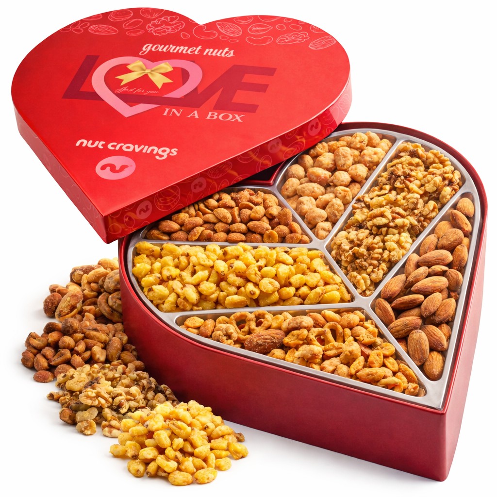 Mixed Nuts Heart Shaped Gift Basket, Love in A Box (6 Assortments, 2 LB) Romantic Food Arrangement, Healthy…