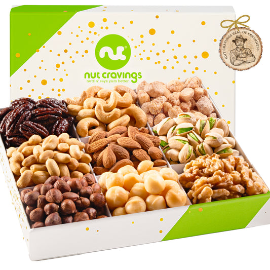 NUT CRAVINGS - Easter Mixed Nuts Gift Basket in White Gold Box (9 Assortments) Ramadan Gifts Treats for Adults, Food Arrangement, Healthy Snack Care Package, Kosher