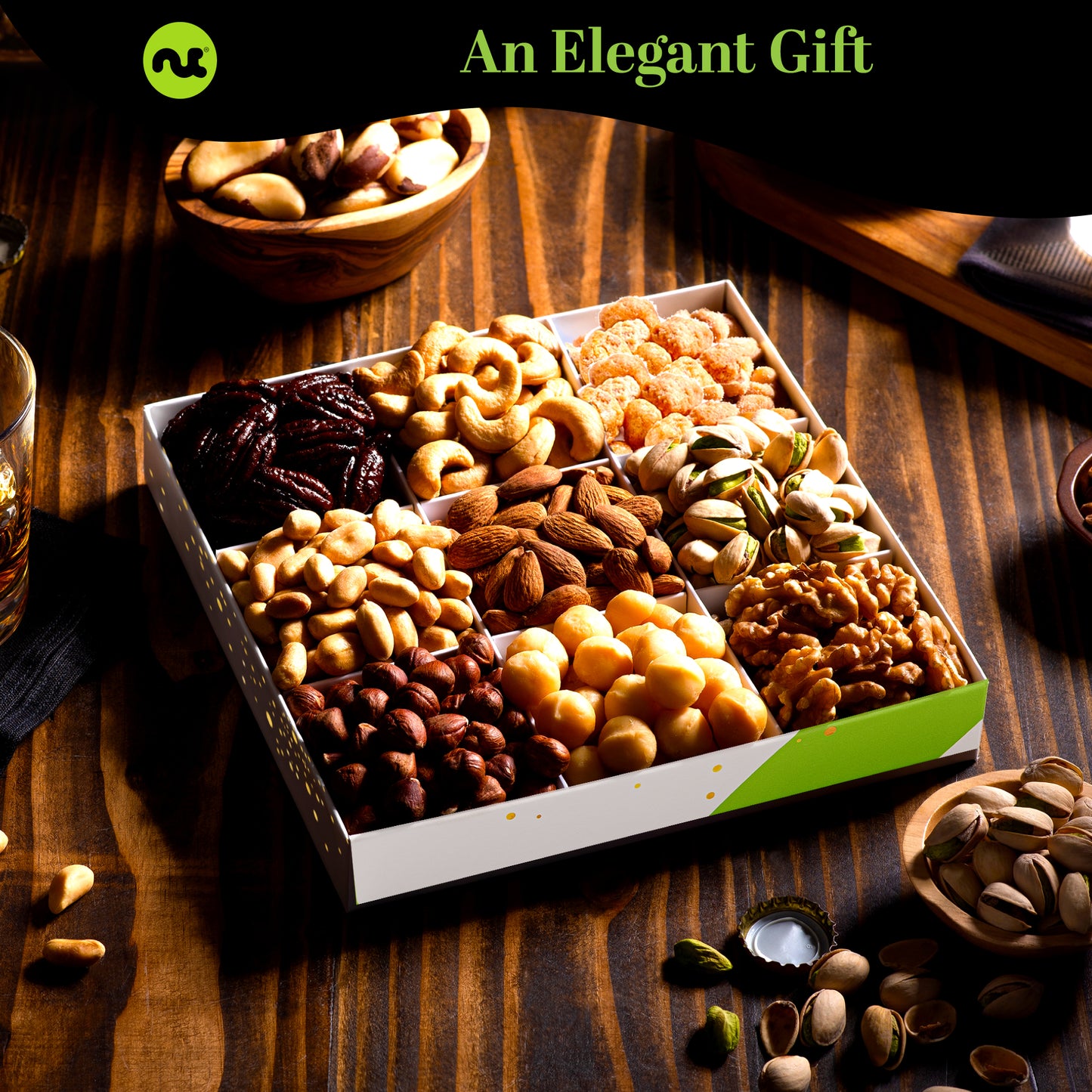 Mixed Nuts Gift Basket in White Gold Box (9 Assortments) Treats for Adults, Food Arrangement, Healthy Snack… — view 3