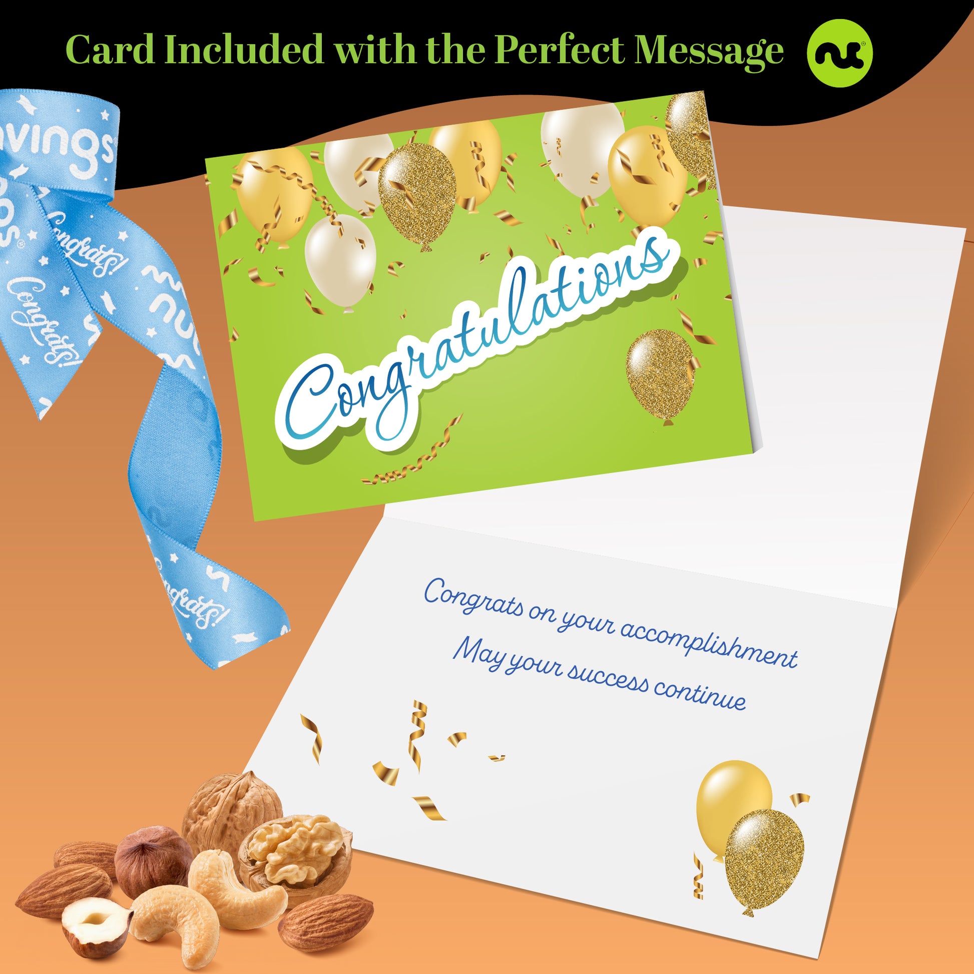 Congratulations, Nuts Gift Basket with Congrats Ribbon + Greeting Card in Reusable Wooden Tray (12… — view 4